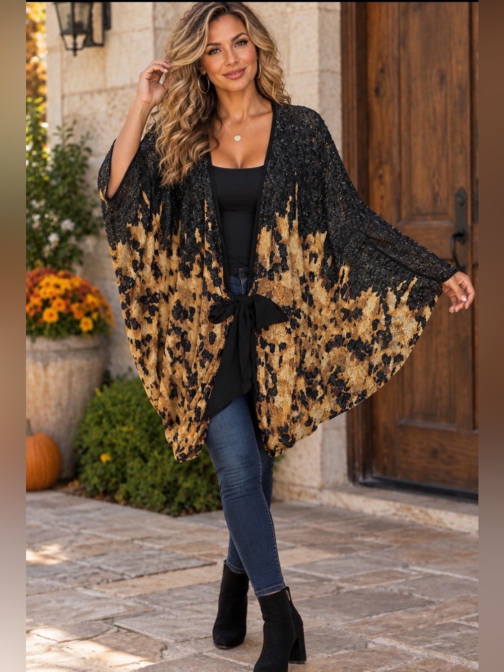 Very Vollbracht Black Gold Sequin Black Leopard Kimono Cape Wearable Art